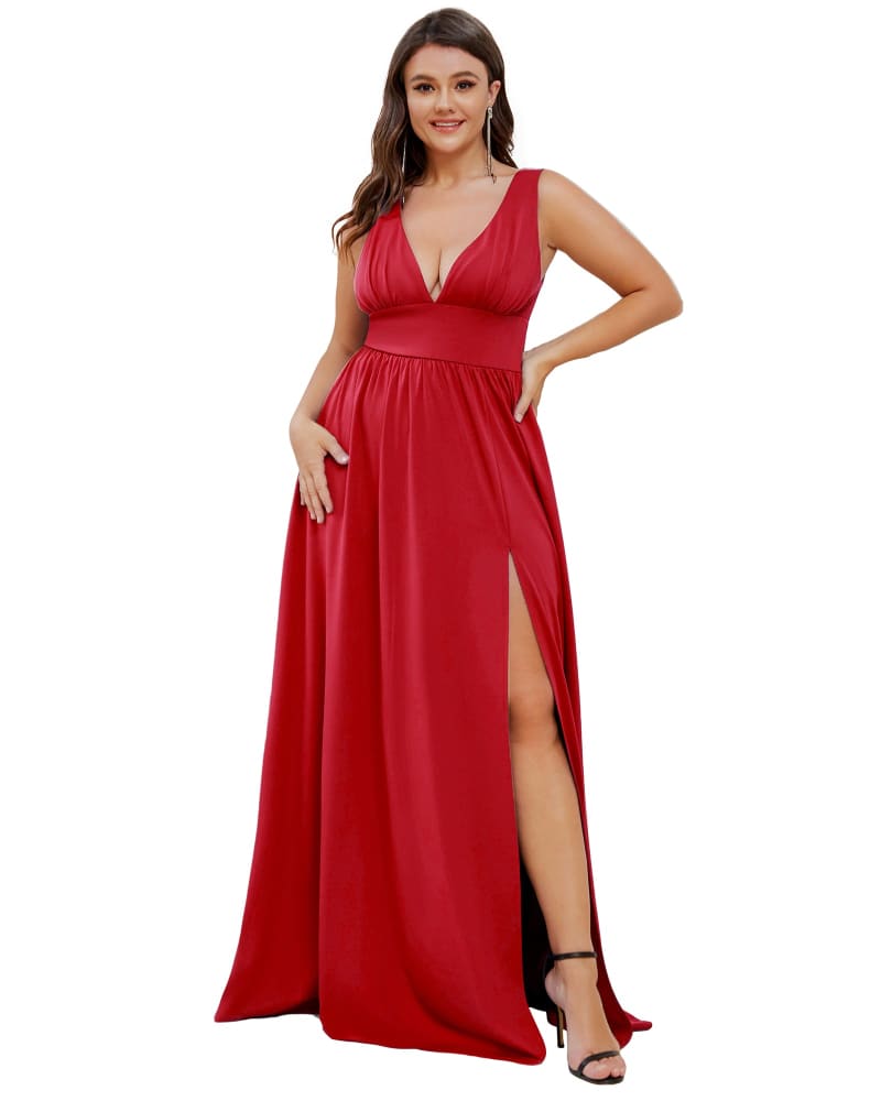 Front of a model wearing a size 24 Sleeveless V-Neck Empire Waist High Slit Floor-Length Evening Dress in Red by Ever-Pretty. | dia_product_style_image_id:295578